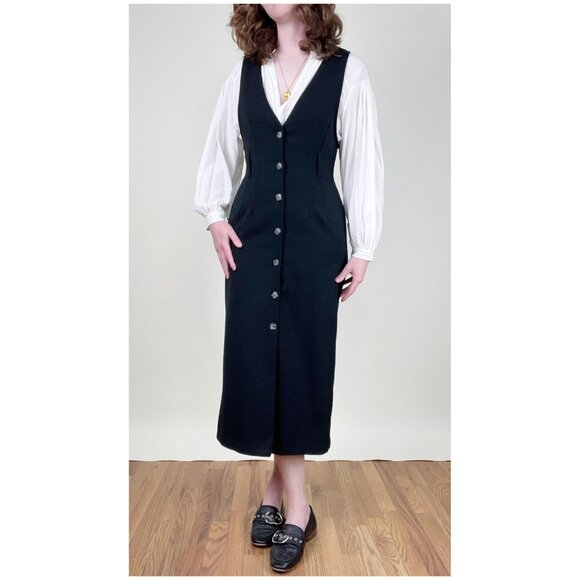 Vintage Pinafore Midi Dress Whimsigoth Dark Academia Fall Winter Preppy 80s 90s - Picture 4 of 11